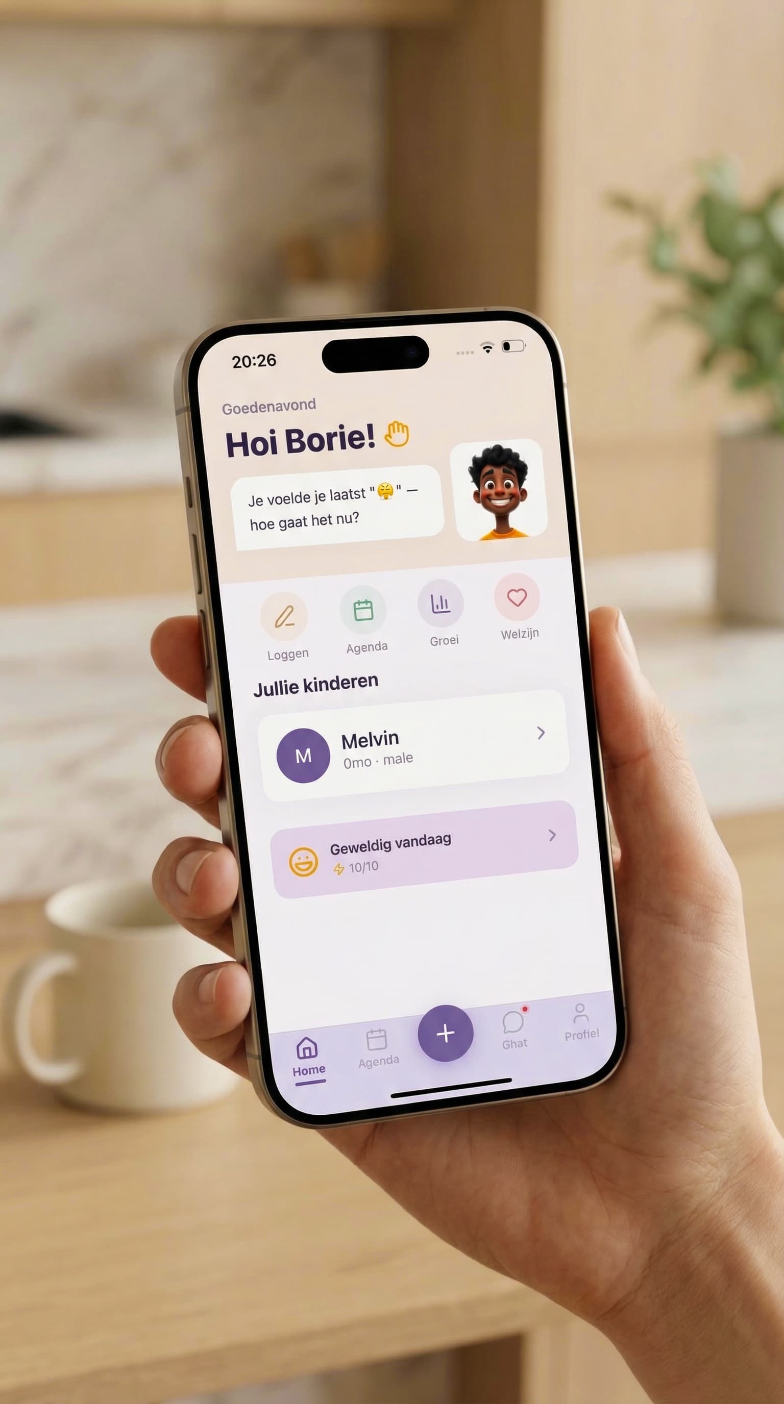 Ouder met Kidory app in de ochtend